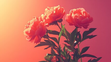 Wall Mural - Three coral peonies against a warm sunset backdrop.