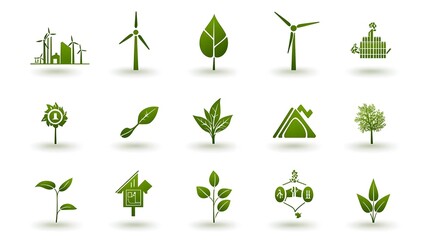 Poster - Minimalist line art featuring 15 cohesive icons representing various forms of green energy and sustainable design concepts including wind turbines solar panels energy efficient buildings leaf power