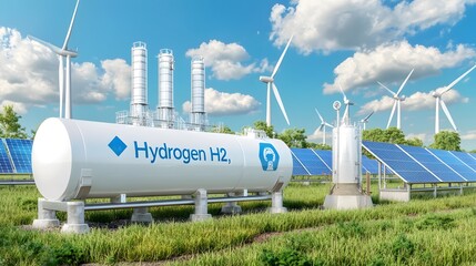 Leinwandbilder - Cutting edge hydrogen energy storage plant integrated with solar panels and wind turbines providing clean electricity production in a futuristic AI driven sustainable energy infrastructure