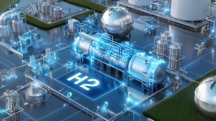 Poster - Top down view of a state of the art hydrogen production facility featuring BPVC compliant high pressure spherical storage tanks surrounded by smart industrial buildings