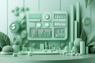 Poster - A modern, green-themed digital dashboard displaying graphs and statistics among stylized plants and geometric shapes.