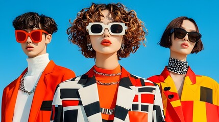 Poster - Vibrant color blocked oversized blazer with clashing but coordinated tones featuring a model posing in a studio setting with a bold modern and edgy aesthetic