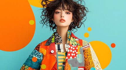 Poster - Vibrant multicolored patchwork jacket with an eclectic and artsy fashion vibe featuring a bold mix of patterns textures and colors for a unique creative and contemporary style expression