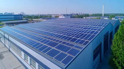 Poster - Aerial view of a futuristic eco friendly warehouse factory with an extensive solar photovoltaic system installed on its roof