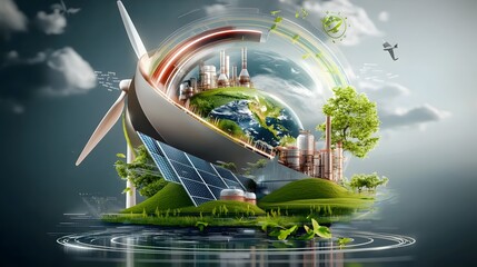 Leinwandbilder - Futuristic depicting a sustainable industrial landscape powered by wind turbines solar panels and eco friendly factories showcasing a commitment to Environmental Social