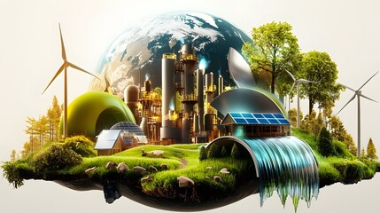 Poster - Futuristic showcasing a sustainable industrial landscape powered by wind turbines solar panels and eco friendly factories symbolizing a commitment to Environmental Social