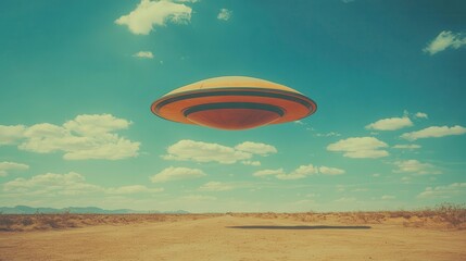 Poster - Pixelated orange beige flying object hovering over a desert landscape under a light blue sky with white clouds, vintage filter style