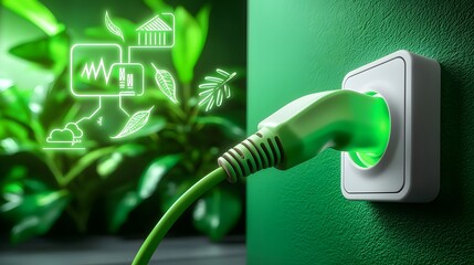 Aufkleber - Extreme close up of a white electrical outlet with a vibrant green plug connected to a sleek green electrical wire  The background features a lush green wall covered in fresh foliage