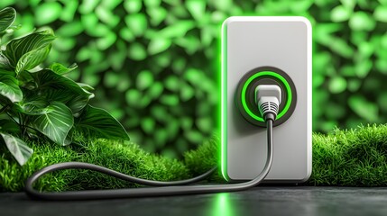 Aufkleber - Close up of a white electrical outlet with a bright green plug and wire set against a lush green wall covered in fresh foliage