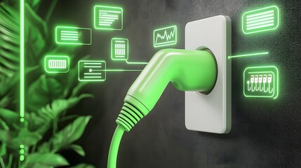 Leinwandbilder - A futuristic close up view of a sustainable energy connection featuring a green power plug securely connected to a clean white outlet with a green electrical wire extending into a lush