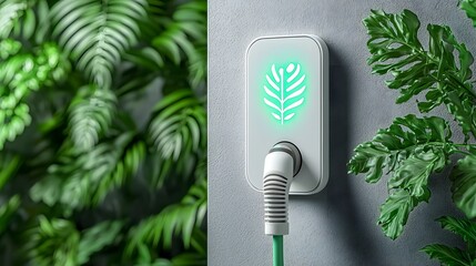 Aufkleber - Futuristic close up of a white power outlet with a glowing green plug and electric wire set against a lush vertical garden