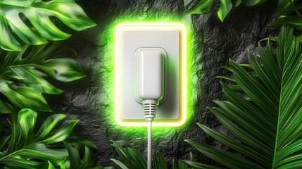 Aufkleber - A minimalistic yet impactful close up of a white electrical outlet with a neon green plug and wire on a dense green foliage covered wall embodying the principles of eco friendly power