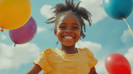 Poster - Happy girl smiling with colorful balloons outdoors.