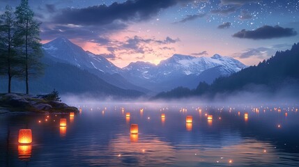 Wall Mural - a serene mountain lake with floating lanterns at night digital