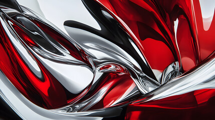 Poster - Close up of red and silver object surrounded by green foliage and flowers in natural setting