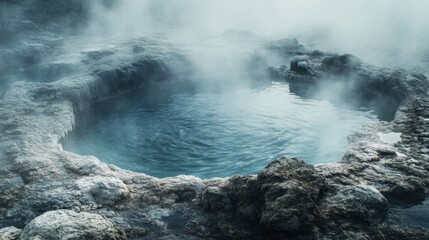 Poster - Explore the beauty of a serene hot spring with steam rising over rocky edges in a tranquil natural setting. Generative AI