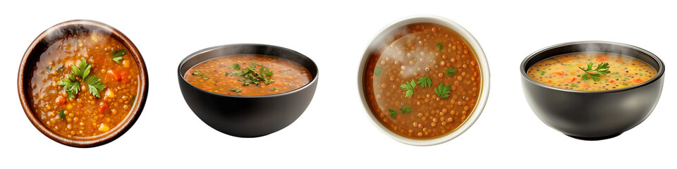 Wall Mural - Set of a bowl of lentil soup with steam rising, popular iftar dish, isolated on a transparent background.