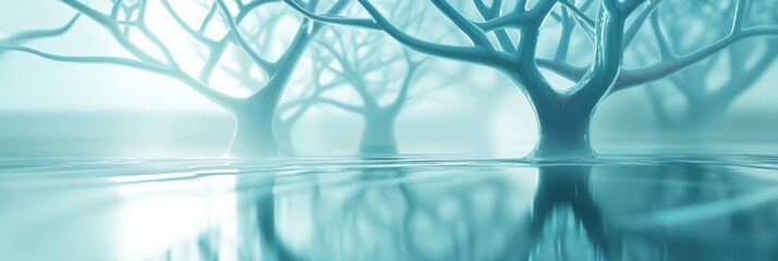 Fototapete - Glowing reflections in a glass forest featuring abstract tree shapes in a serene landscape. Generative AI