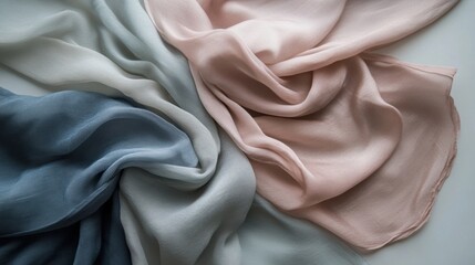 Poster - Elegant silk fabrics gracefully arranged on neutral background with soft lighting for creative design potential. Generative AI