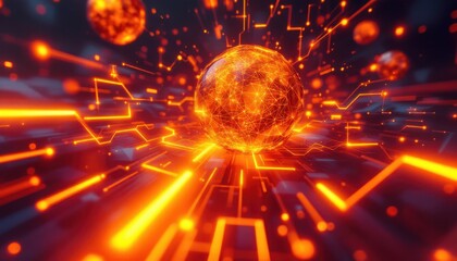 Fototapete - Glowing futuristic digital sphere surrounded by abstract orange circuitry