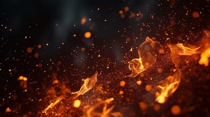 Poster - captivating close-up view of fiery embers and particles dancing in the air against a dark background