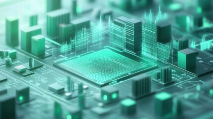 Poster - A futuristic digital circuit board with glowing green elements, symbolizing advanced technology and data processing.