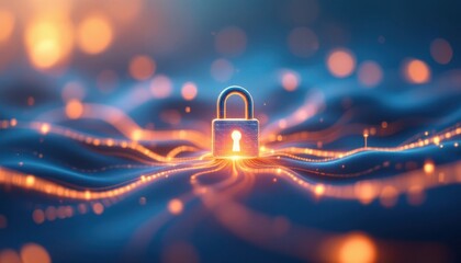 Fototapete - Glowing digital security lock on abstract blue background with bokeh lights