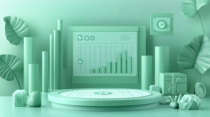 Poster - A monochromatic green 3D scene featuring graphs, charts, and geometric shapes, symbolizing data analysis and visualization.