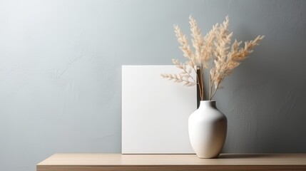 Poster - elegant blank canvas with minimalist vase and dried flowers on wooden table against soft pastel back