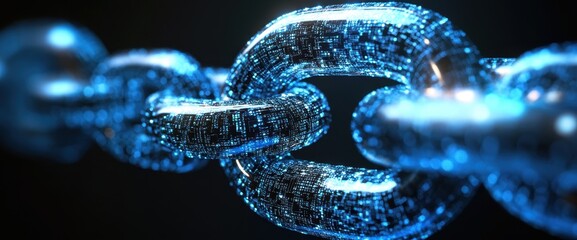 Fototapete - Digital blockchain technology concept with glowing blue chain links
