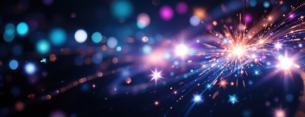 Poster - Abstract colorful light burst with sparkling glowing stars and bokeh effects in dark background
