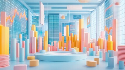 Poster - A colorful, abstract representation of data visualization with geometric shapes in a modern, bright office space.