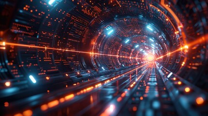 Fototapete - Futuristic sci-fi tunnel with vibrant orange and blue digital lights