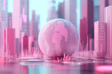 Poster - A vibrant digital cityscape features a globe with data patterns, surrounded by pink-tinted skyscrapers and sound waves, symbolizing technology and global connectivity.