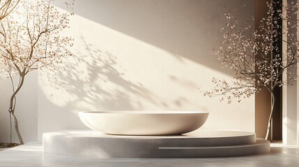 Poster - Minimalist Bowl on Platform with Floral Trees and Sunlight for Product Display and Presentation