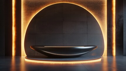 Poster - Futuristic Reception Desk with Glowing Neon Lights in a Modern Minimalist Interior Design