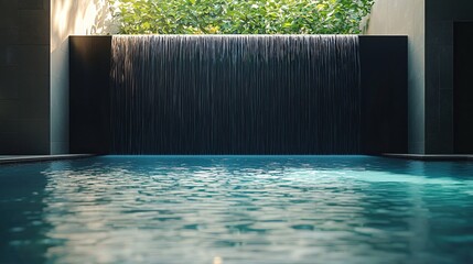 Poster - Serene water feature cascading into a tranquil pool with lush green foliage above creating peace