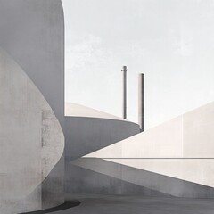 Poster - Abstract Architectural Composition of Concrete Structures with Industrial Chimneys in the Distance