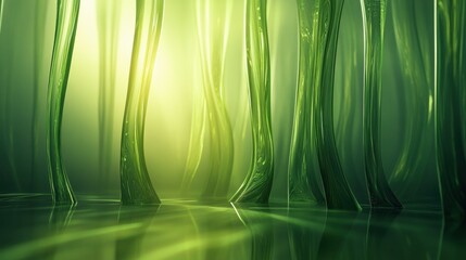 Aufkleber - Glowing reflections in a glass forest with abstract tree shapes creating a magical atmosphere at dawn. Generative AI