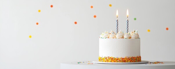 A delicious white cake with colorful frosting and candles, set against a simple background adorned with small decorative elements.