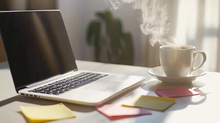 Poster - Laptop and Steaming Coffee on Desk for Productive Morning Work Session in Bright Sunlight