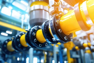 Poster - Industrial Pipeline System with Yellow Pipes and Black Flanges in a Modern Factory Setting
