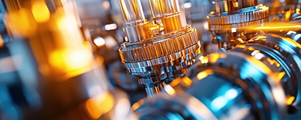 Poster - Engine Interior Close Up Showing Shiny Metal Components and Intricate Design with Warm Light