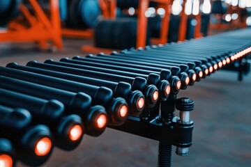 Poster - Industrial conveyor belt system with rollers and orange lights in a factory setting