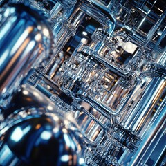 Poster - Abstract metallic pipes with blue reflections creating a futuristic industrial environment