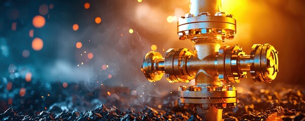 Poster - Golden industrial pipeline with flanges and bolts on a dark smoky background with bokeh lights