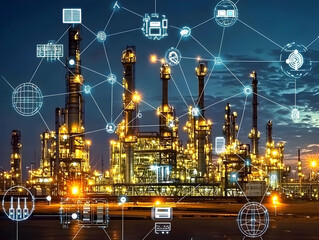 Poster - Smart factory at night, digital network, industrial automation