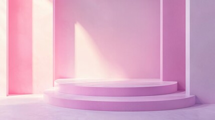 Poster - Pastel Pink Stage Platform with Sunlight and Shadows for Product Display and Presentation