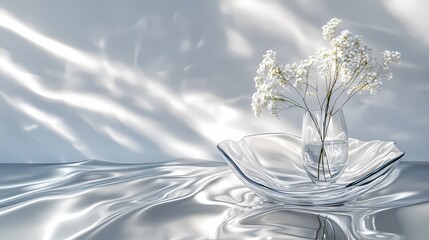 Poster - Delicate white gypsophila flower arrangement in glass vase on silver reflective fabric surface