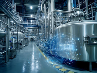 Poster - Smart factory interior, automated production, industrial equipment, digital overlay, background pipes